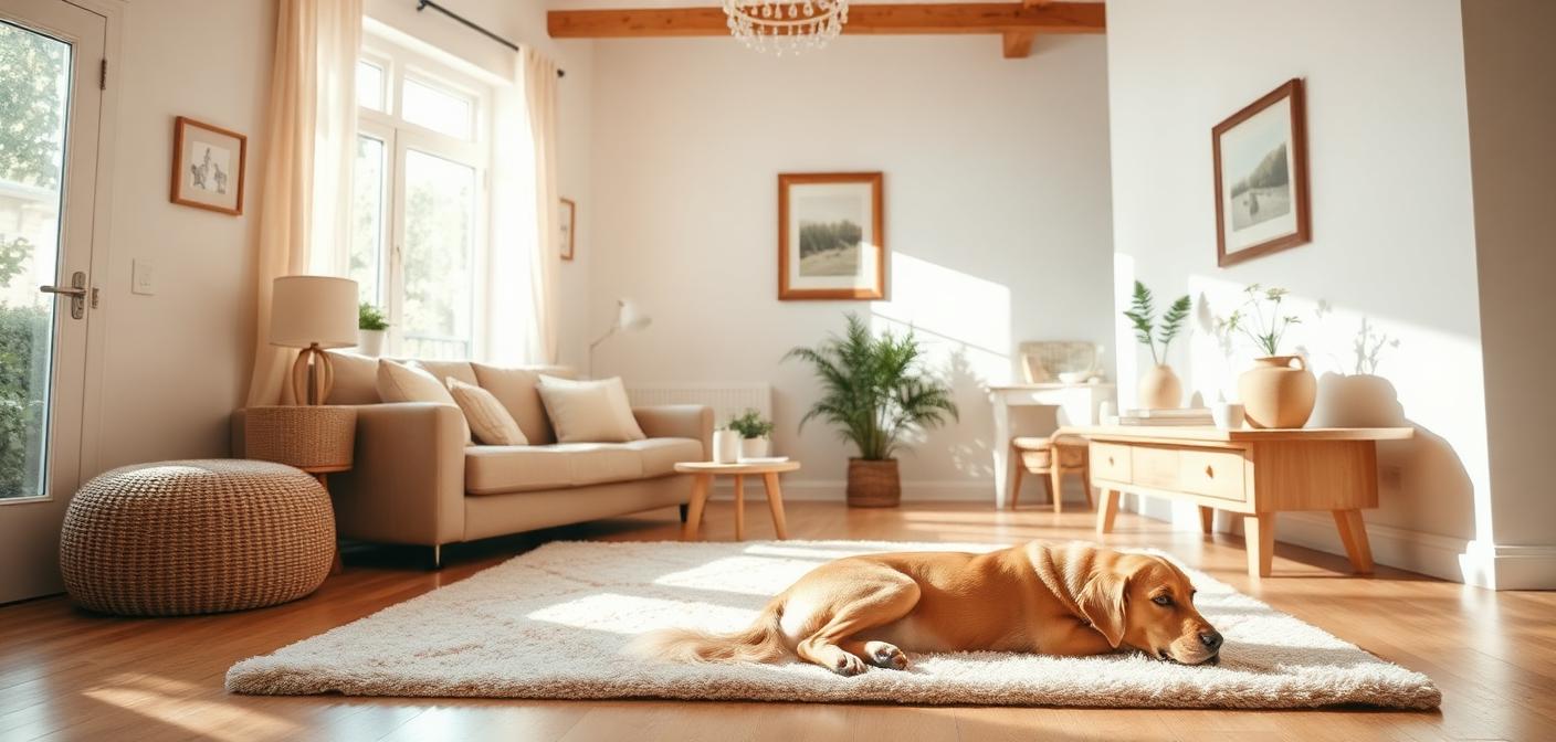 A warm, sunlit family living room with a dog resting peacefully on a rug